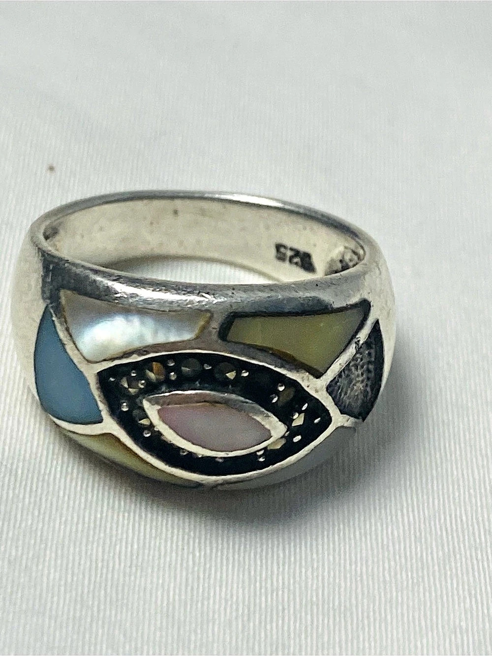 Vintage Sterling Silver,  Mother of Pearl and Marcasite Ring - size 7.5